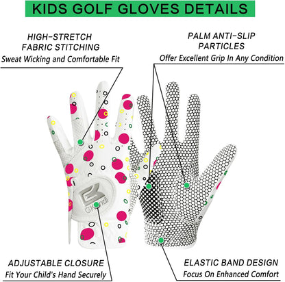 Kids Golf Glove Left Hand Right Handed Golfer 1 or 2 Pack, Breathable Grip Soft Comfort Elastic Fabric Golf Gloves for Boys Girls Youth Age 3-13