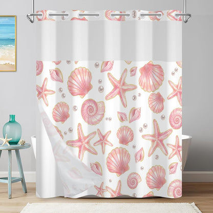 No Hook Shower Curtain with Snap in Liner, Double Layers Waterproof Fabric Shower Curtains with Sheer Top Window and Weighted Hem, Pink Seashell and Starfish Shower Curtains for Bathroom, 71x74 Inches