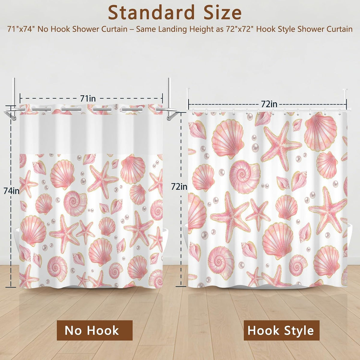 No Hook Shower Curtain with Snap in Liner, Double Layers Waterproof Fabric Shower Curtains with Sheer Top Window and Weighted Hem, Pink Seashell and Starfish Shower Curtains for Bathroom, 71x74 Inches