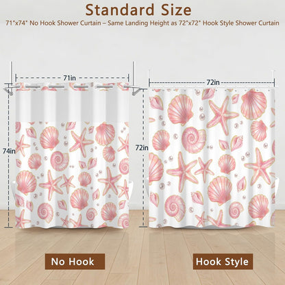 No Hook Shower Curtain with Snap in Liner, Double Layers Waterproof Fabric Shower Curtains with Sheer Top Window and Weighted Hem, Pink Seashell and Starfish Shower Curtains for Bathroom, 71x74 Inches