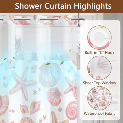 No Hook Shower Curtain with Snap in Liner, Double Layers Waterproof Fabric Shower Curtains with Sheer Top Window and Weighted Hem, Pink Seashell and Starfish Shower Curtains for Bathroom, 71x74 Inches