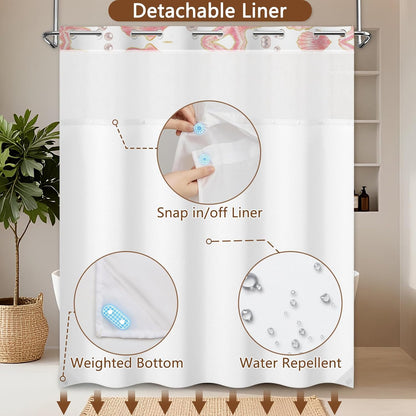 No Hook Shower Curtain with Snap in Liner, Double Layers Waterproof Fabric Shower Curtains with Sheer Top Window and Weighted Hem, Pink Seashell and Starfish Shower Curtains for Bathroom, 71x74 Inches