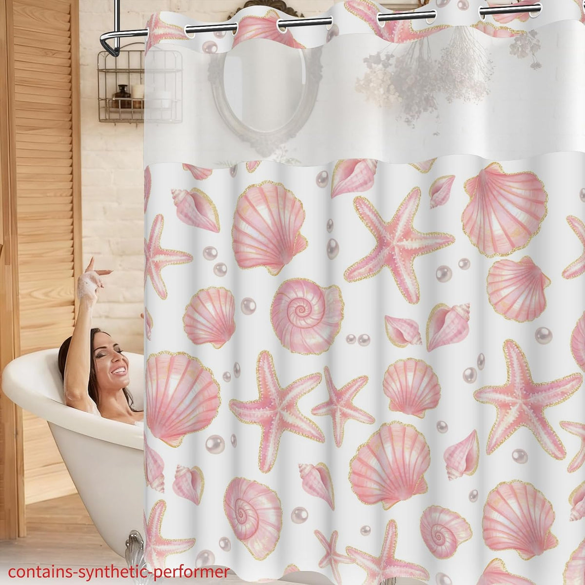 No Hook Shower Curtain with Snap in Liner, Double Layers Waterproof Fabric Shower Curtains with Sheer Top Window and Weighted Hem, Pink Seashell and Starfish Shower Curtains for Bathroom, 71x74 Inches