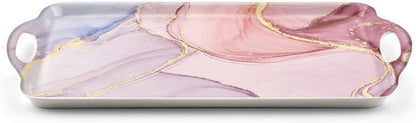 Serving Tray Decorative Tray with Handles Multi-Purpose Rectangular Serving Trays for Restaurant, Parties, Coffee Table, Kitchen - Pink Marble Pattern