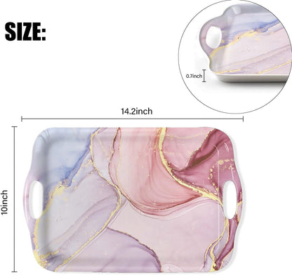 Serving Tray Decorative Tray with Handles Multi-Purpose Rectangular Serving Trays for Restaurant, Parties, Coffee Table, Kitchen - Pink Marble Pattern