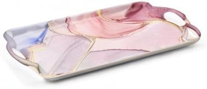 Serving Tray Decorative Tray with Handles Multi-Purpose Rectangular Serving Trays for Restaurant, Parties, Coffee Table, Kitchen - Pink Marble Pattern