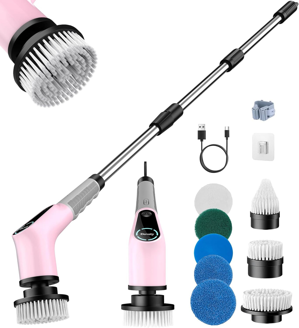 Electric Spin Scrubber, Extendable Handle, 8 Brush Heads-Pink