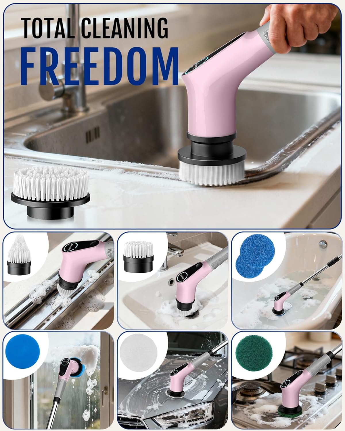 Electric Spin Scrubber, Extendable Handle, 8 Brush Heads-Pink