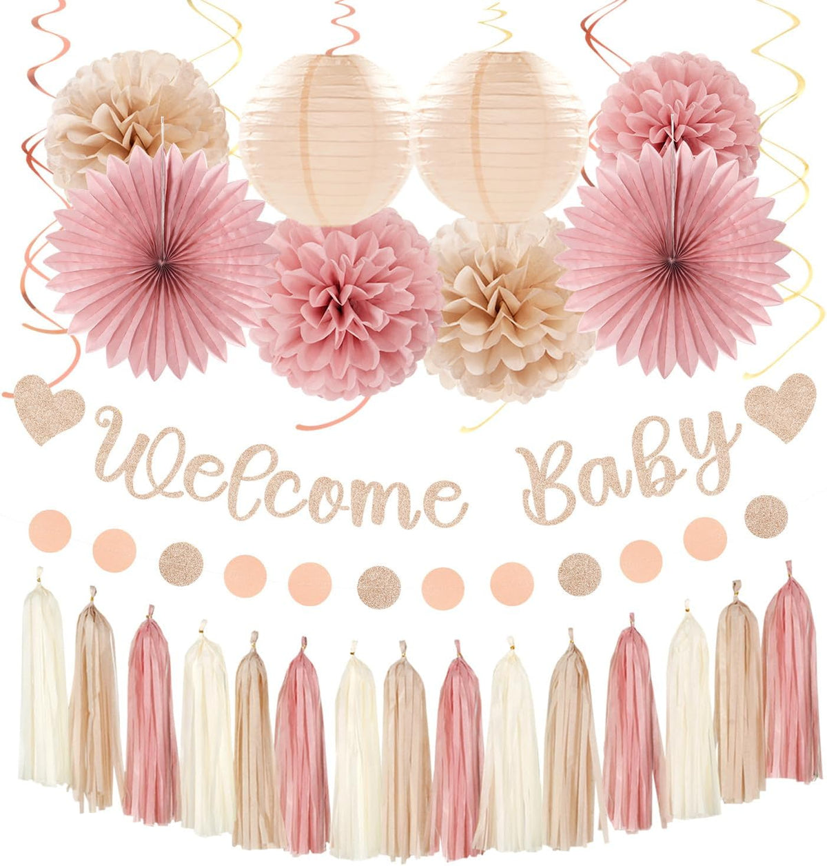 Blush-Pink Rose-Gold Fall Baby-Shower Party-Decorations - 31pcs Welcome Home Banner Sign,Neutral Paper Lanterns,Girl Streamers Garland,Boho Hanging Tissue Pom Poms Flowers Fans Backdrop Decor