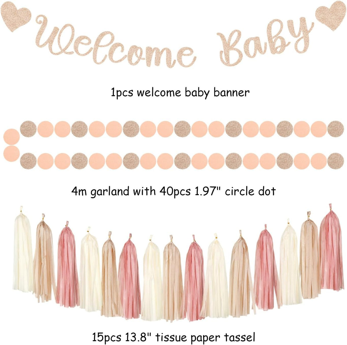 Blush-Pink Rose-Gold Fall Baby-Shower Party-Decorations - 31pcs Welcome Home Banner Sign,Neutral Paper Lanterns,Girl Streamers Garland,Boho Hanging Tissue Pom Poms Flowers Fans Backdrop Decor