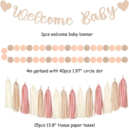 Blush-Pink Rose-Gold Fall Baby-Shower Party-Decorations - 31pcs Welcome Home Banner Sign,Neutral Paper Lanterns,Girl Streamers Garland,Boho Hanging Tissue Pom Poms Flowers Fans Backdrop Decor