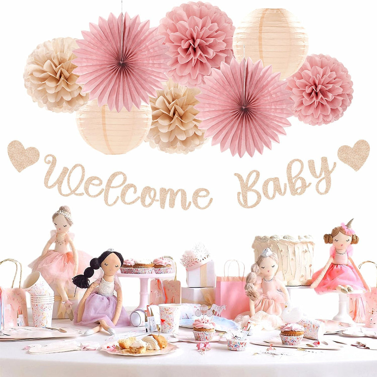 Blush-Pink Rose-Gold Fall Baby-Shower Party-Decorations - 31pcs Welcome Home Banner Sign,Neutral Paper Lanterns,Girl Streamers Garland,Boho Hanging Tissue Pom Poms Flowers Fans Backdrop Decor