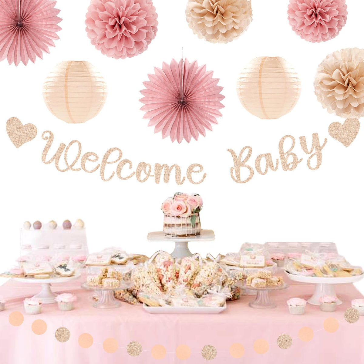 Blush-Pink Rose-Gold Fall Baby-Shower Party-Decorations - 31pcs Welcome Home Banner Sign,Neutral Paper Lanterns,Girl Streamers Garland,Boho Hanging Tissue Pom Poms Flowers Fans Backdrop Decor