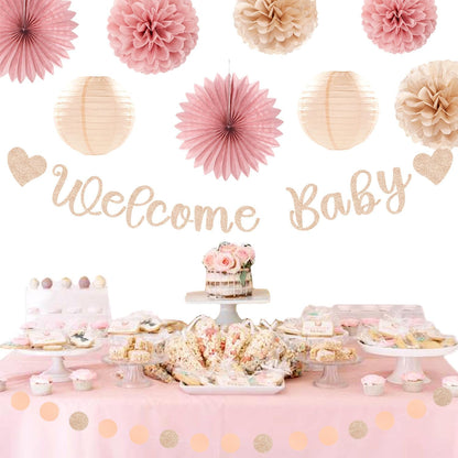 Blush-Pink Rose-Gold Fall Baby-Shower Party-Decorations - 31pcs Welcome Home Banner Sign,Neutral Paper Lanterns,Girl Streamers Garland,Boho Hanging Tissue Pom Poms Flowers Fans Backdrop Decor