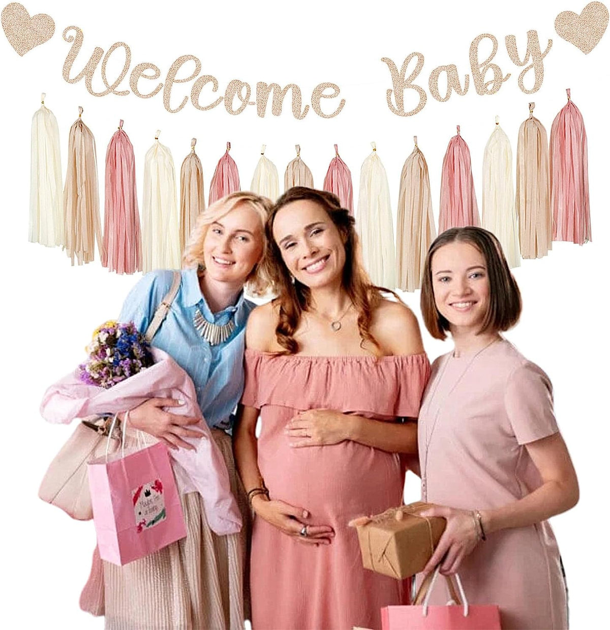 Blush-Pink Rose-Gold Fall Baby-Shower Party-Decorations - 31pcs Welcome Home Banner Sign,Neutral Paper Lanterns,Girl Streamers Garland,Boho Hanging Tissue Pom Poms Flowers Fans Backdrop Decor
