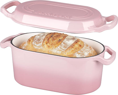 Oval Dutch Oven Pot with Lid, Enamel Coating Cast Iron Bread Pans for Homemade Sourdough Bread Baking, Cooking, 4 Quart, Pink