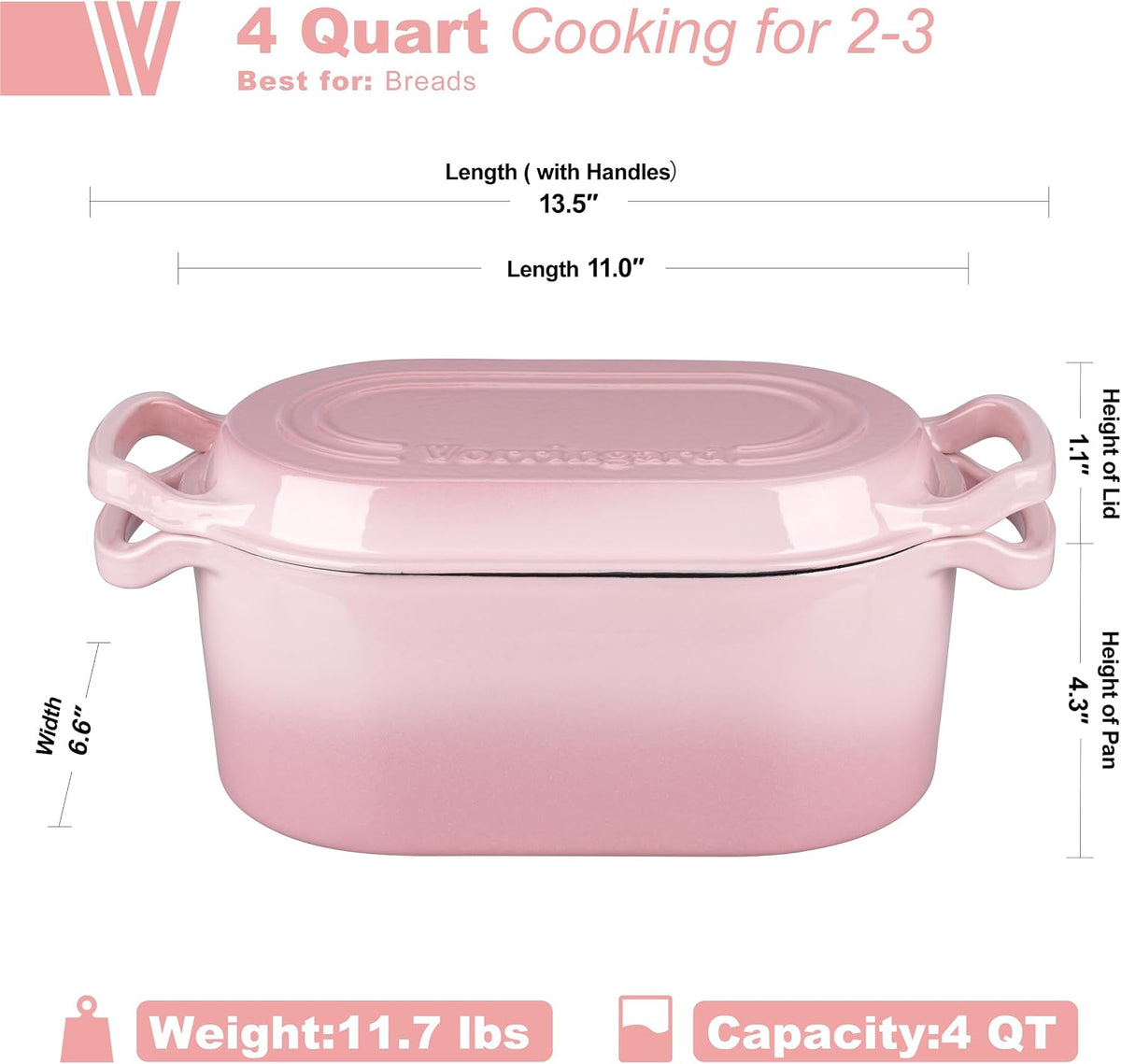 Oval Dutch Oven Pot with Lid, Enamel Coating Cast Iron Bread Pans for Homemade Sourdough Bread Baking, Cooking, 4 Quart, Pink