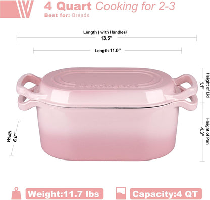 Oval Dutch Oven Pot with Lid, Enamel Coating Cast Iron Bread Pans for Homemade Sourdough Bread Baking, Cooking, 4 Quart, Pink