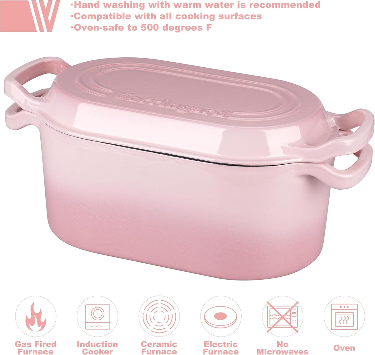 Oval Dutch Oven Pot with Lid, Enamel Coating Cast Iron Bread Pans for Homemade Sourdough Bread Baking, Cooking, 4 Quart, Pink