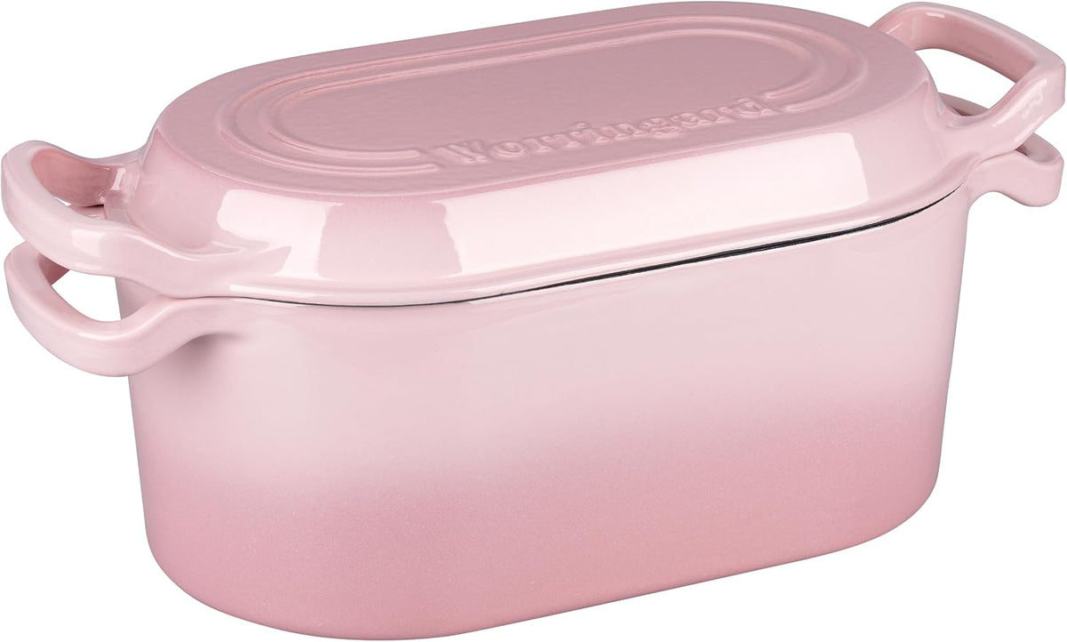 Oval Dutch Oven Pot with Lid, Enamel Coating Cast Iron Bread Pans for Homemade Sourdough Bread Baking, Cooking, 4 Quart, Pink