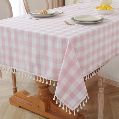 Pink Gingham Tablecloth Rectangle 55 x 75 Inch, Washable Checkered Plaid Table Cloth Heavy Duty Linen Cotton Fabric for Mothers Day Outdoor Picnic Party Freshly Graduated