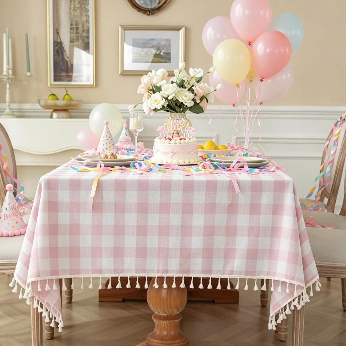 Pink Gingham Tablecloth Rectangle 55 x 75 Inch, Washable Checkered Plaid Table Cloth Heavy Duty Linen Cotton Fabric for Mothers Day Outdoor Picnic Party Freshly Graduated