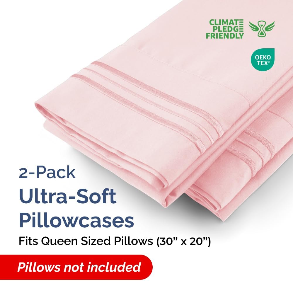 Queen Pillow Cases Set of 2 - Ultra Soft Pillowcase Covers - Baby Pink