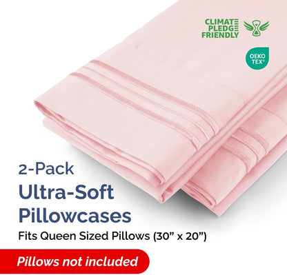 Queen Pillow Cases Set of 2 - Ultra Soft Pillowcase Covers - Baby Pink