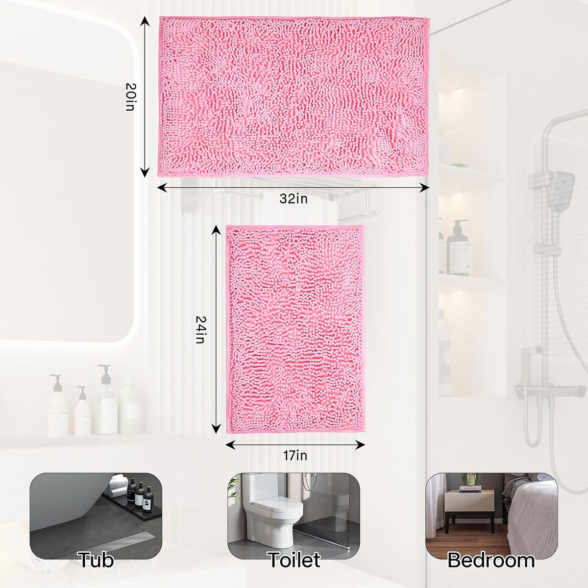 Bathroom Rugs Sets 2 Piece Washable, Luxury ，Chenille Bath Mat Set, Soft Plush Anti-Slip Rectangular Bath， Rug Super Absorbent. (Pink, 32"x20"+24"x16")