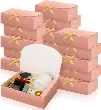 16Pcs Gift Boxes with Lids, 10.6''x7.8''x3.1'' Pink Kraft Paper Gift Box, Bridesmaid Proposal Box with Ribbon and 70pcs Adhesive Dots, for Wedding, Packaging, Present, Birthday, Cupcake Boxes