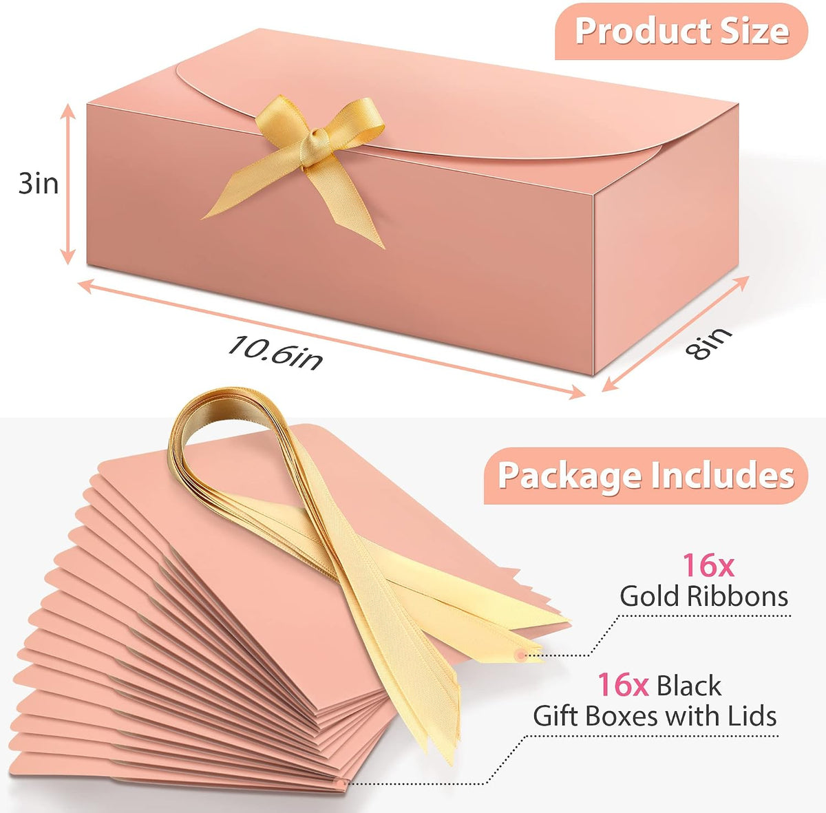 16Pcs Gift Boxes with Lids, 10.6''x7.8''x3.1'' Pink Kraft Paper Gift Box, Bridesmaid Proposal Box with Ribbon and 70pcs Adhesive Dots, for Wedding, Packaging, Present, Birthday, Cupcake Boxes