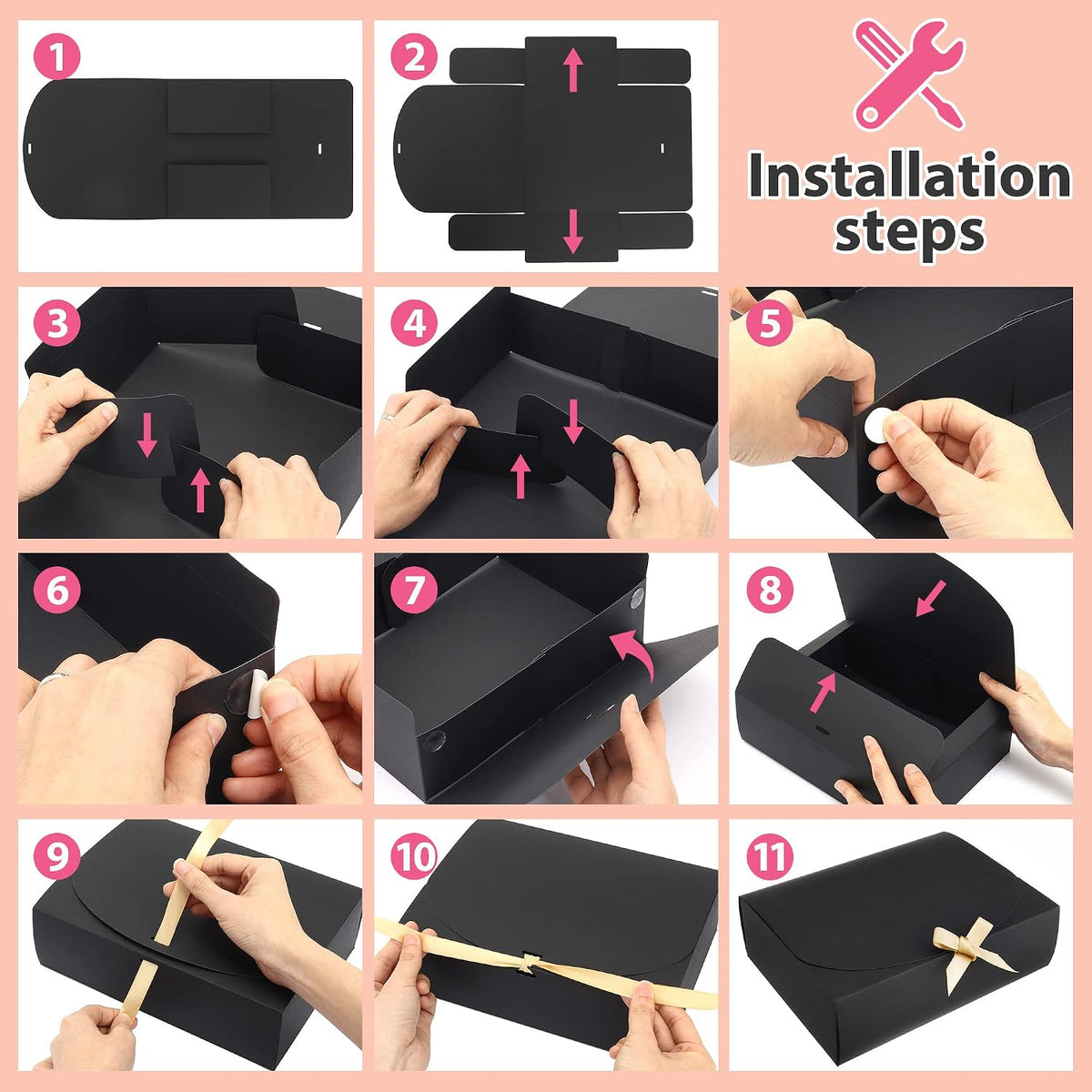 16Pcs Gift Boxes with Lids, 10.6''x7.8''x3.1'' Pink Kraft Paper Gift Box, Bridesmaid Proposal Box with Ribbon and 70pcs Adhesive Dots, for Wedding, Packaging, Present, Birthday, Cupcake Boxes
