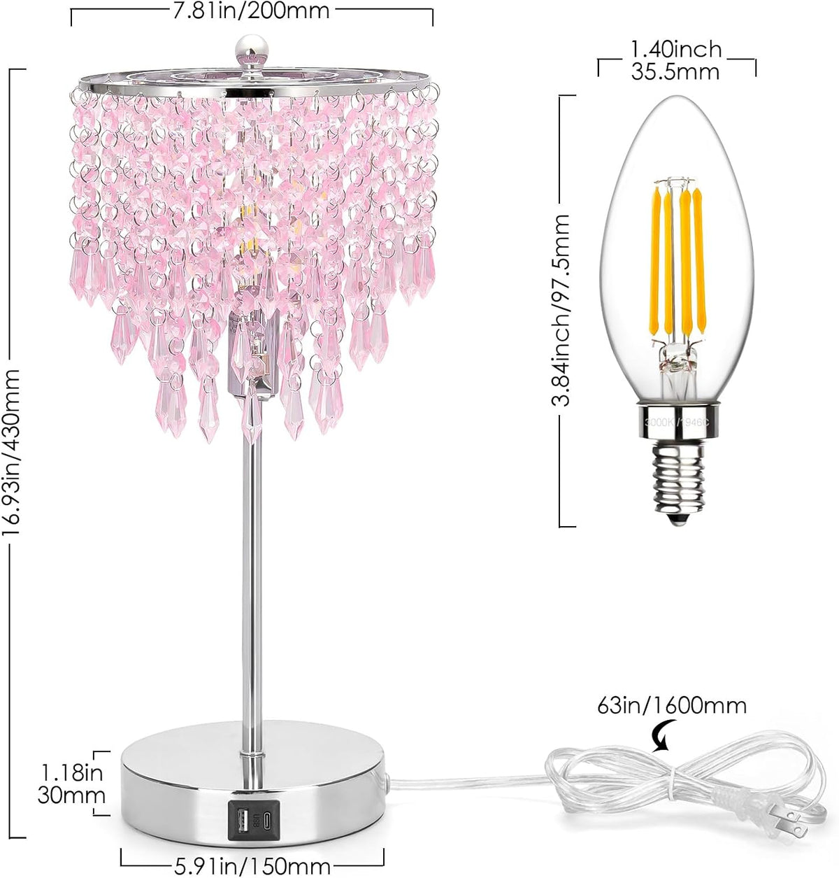 Touch Bedside Lamp with USB C+A Ports, Silver with Pink Crystal Shade