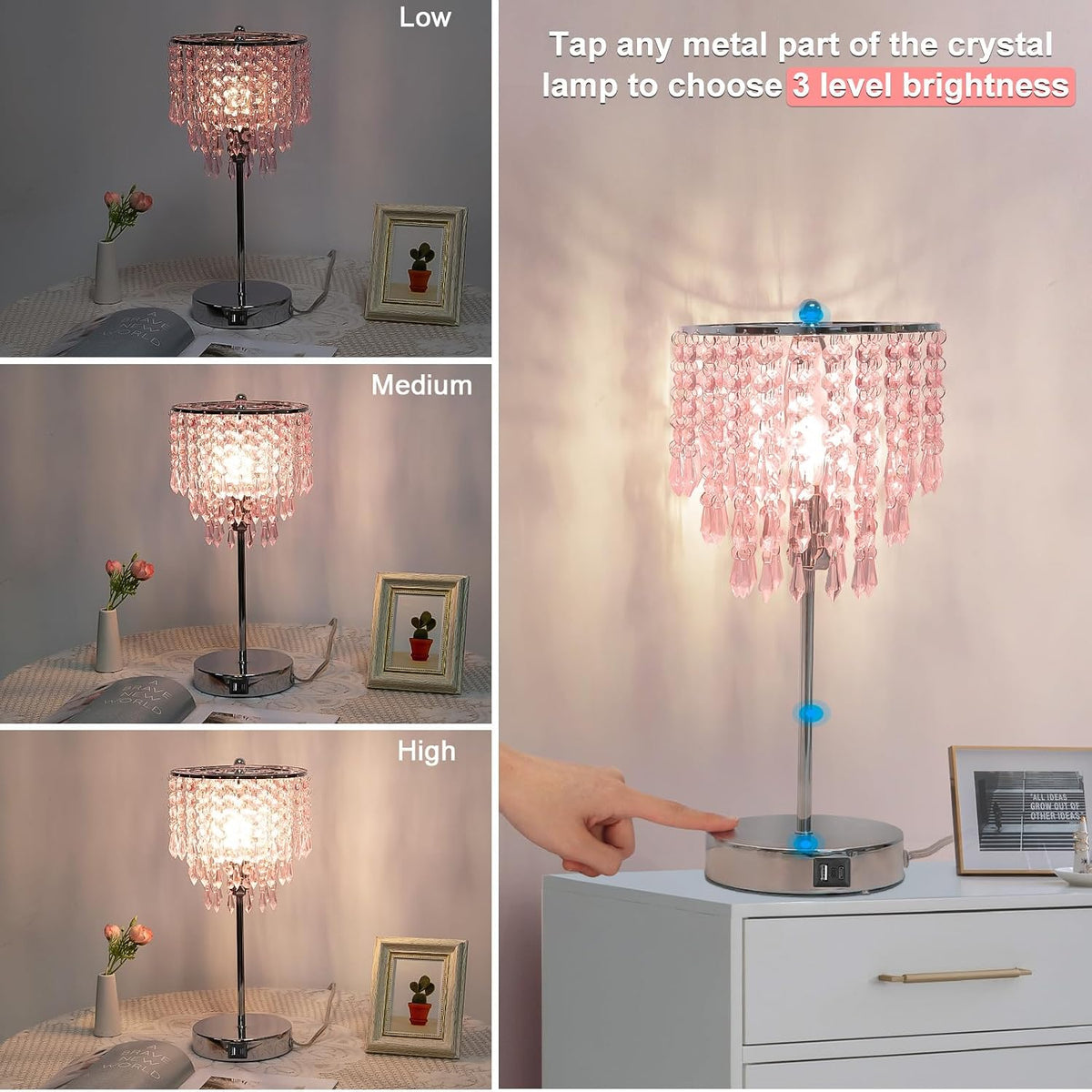 Touch Bedside Lamp with USB C+A Ports, Silver with Pink Crystal Shade