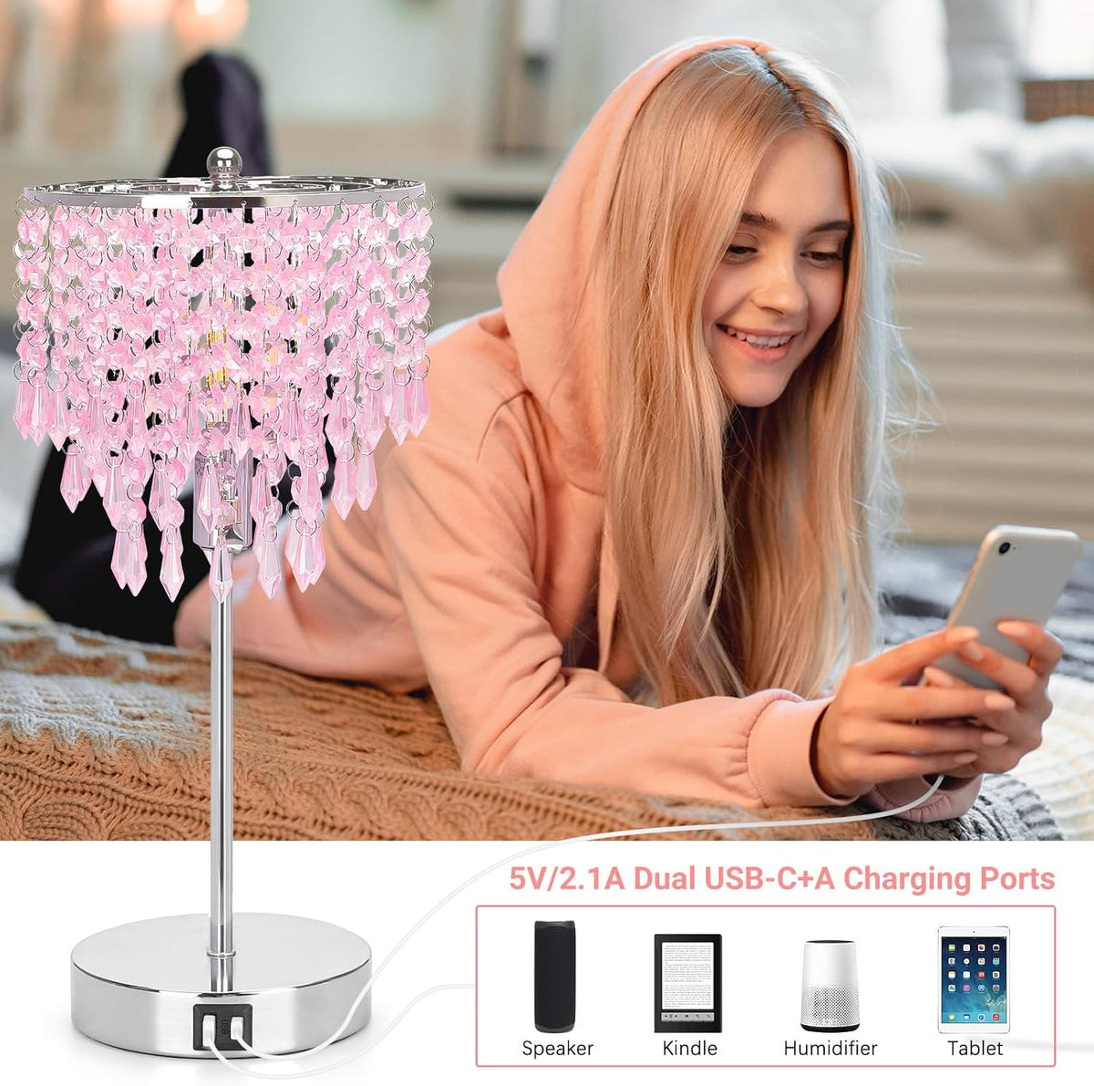 Touch Bedside Lamp with USB C+A Ports, Silver with Pink Crystal Shade