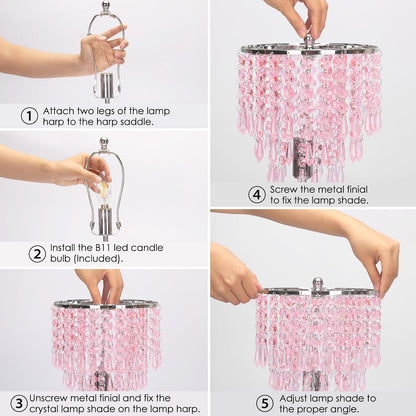 Touch Bedside Lamp with USB C+A Ports, Silver with Pink Crystal Shade