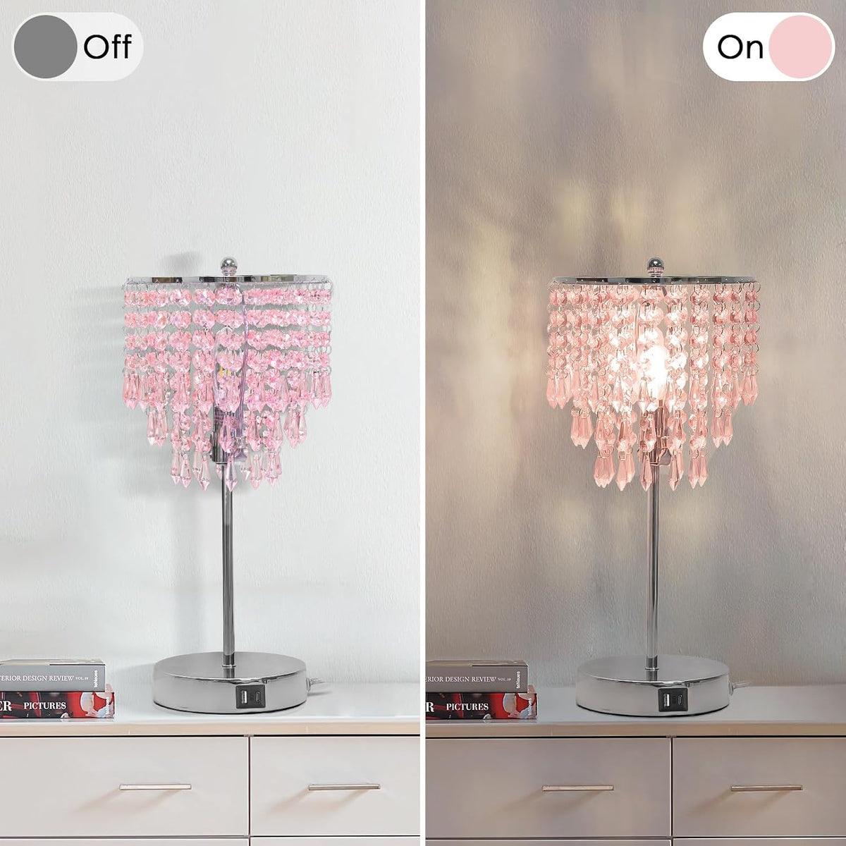 Touch Bedside Lamp with USB C+A Ports, Silver with Pink Crystal Shade
