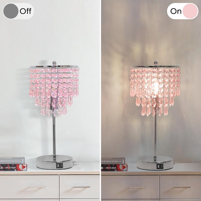 Touch Bedside Lamp with USB C+A Ports, Silver with Pink Crystal Shade