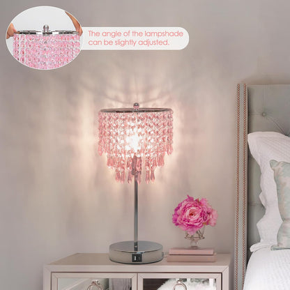 Touch Bedside Lamp with USB C+A Ports, Silver with Pink Crystal Shade