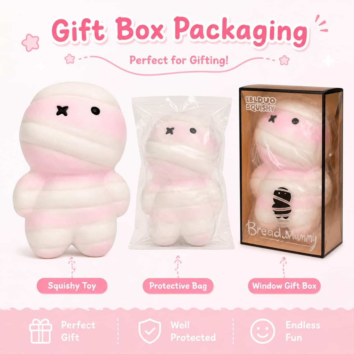 Pink Mummy Squishy Toy, Slow Rising PU Foam Desk Fidget, 5.9 in