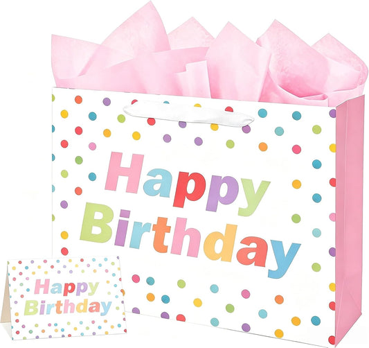 14 Inch Large Birthday Gift Bag, Polka Dot Pink Happy Birthday Gift Bag, Reusable Paper Bag Set with Handles, Greeting Card and Tissue Paper for Girls Women Birthday Party Favors Wrapping Supplies