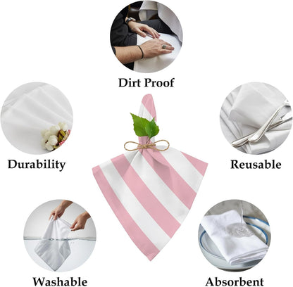 Cloth Napkins 20 x 20 Inch Pink and White Stripes Soft Absorbent Dinner Napkins Striped Simple Style Washable Reusable Kitchen Napkin Sets for Parties Wedding Restaurant Hotel
