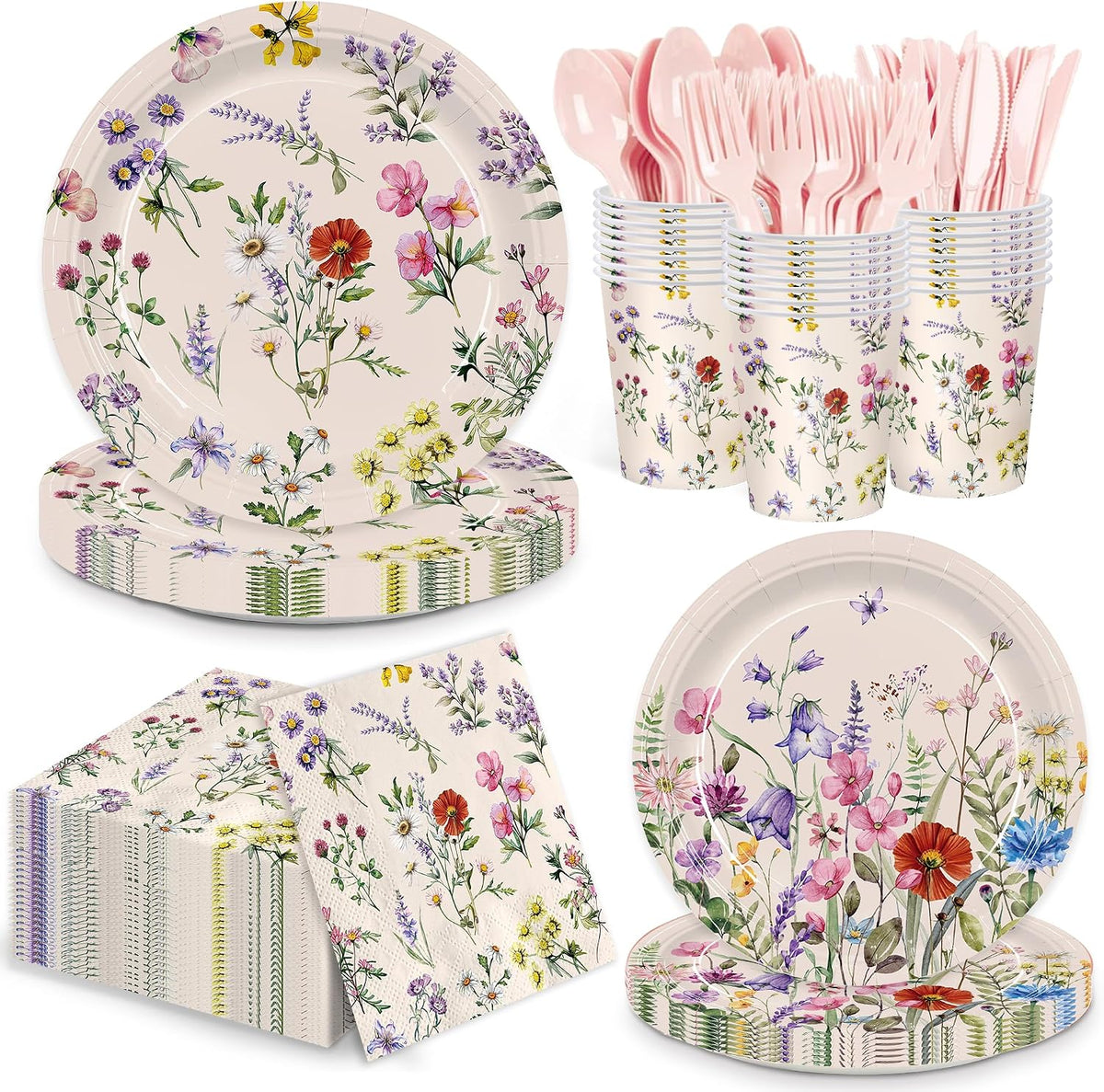 168pcs Wildflower Plates Napkins Party Supplies Disposable Paper Cups Pink Forks Tableware Set Wildflower Baby Shower Decorations for Spring Summer Picnic Tea Party 24 Guests