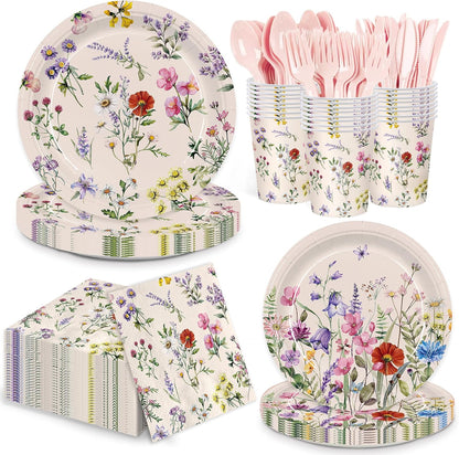 168pcs Wildflower Plates Napkins Party Supplies Disposable Paper Cups Pink Forks Tableware Set Wildflower Baby Shower Decorations for Spring Summer Picnic Tea Party 24 Guests