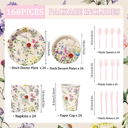 168pcs Wildflower Plates Napkins Party Supplies Disposable Paper Cups Pink Forks Tableware Set Wildflower Baby Shower Decorations for Spring Summer Picnic Tea Party 24 Guests