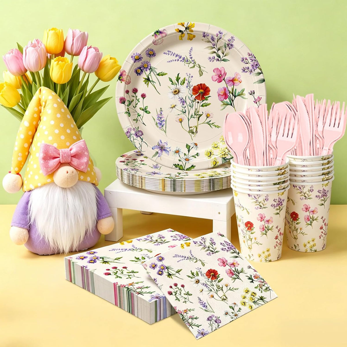168pcs Wildflower Plates Napkins Party Supplies Disposable Paper Cups Pink Forks Tableware Set Wildflower Baby Shower Decorations for Spring Summer Picnic Tea Party 24 Guests