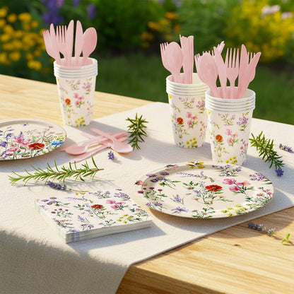 168pcs Wildflower Plates Napkins Party Supplies Disposable Paper Cups Pink Forks Tableware Set Wildflower Baby Shower Decorations for Spring Summer Picnic Tea Party 24 Guests