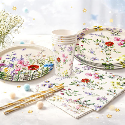 168pcs Wildflower Plates Napkins Party Supplies Disposable Paper Cups Pink Forks Tableware Set Wildflower Baby Shower Decorations for Spring Summer Picnic Tea Party 24 Guests