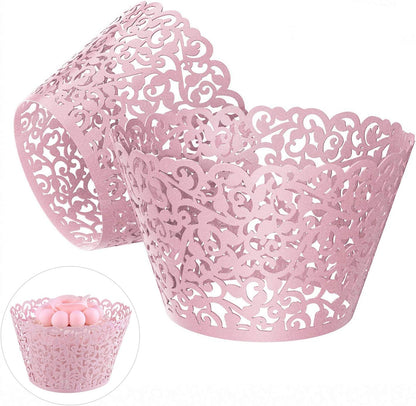 50 pcs Pearl Lace Filigree Wedding Cupcake, Laser Cut Pink