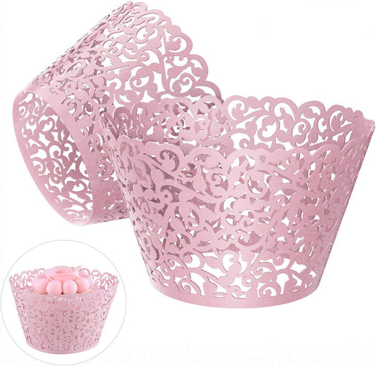 50 pcs Pearl Lace Filigree Wedding Cupcake, Laser Cut Pink